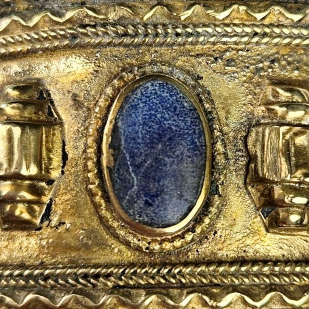 Afghan Peshawar Lapis Lazuli Cuff Bracelet Gilt Brass Blue Ethnic Vintage ~6.5" - Picture 9 of 11
